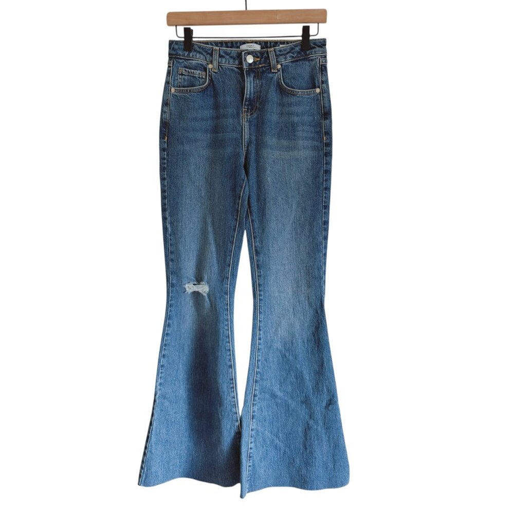 Forever 21 Mid Rise Patchwork Flare Distressed Y2K Slim FIt Cotton Jeans Sz. 24 - Picture 2 of 9
